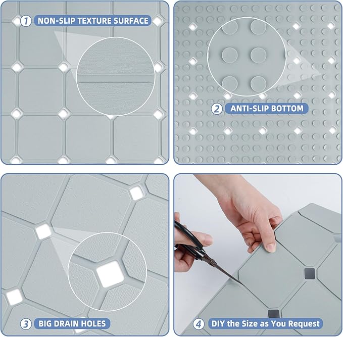 MEIMEIDE Shower Mat Non Slip 21"x21" Silicone Foldable Bath Mat with Suction Cups & Drain Holes, Odorless, Eco-Friendly & Durable, Machine Washable Shower Stall Mat for Adults, Seniors Grey