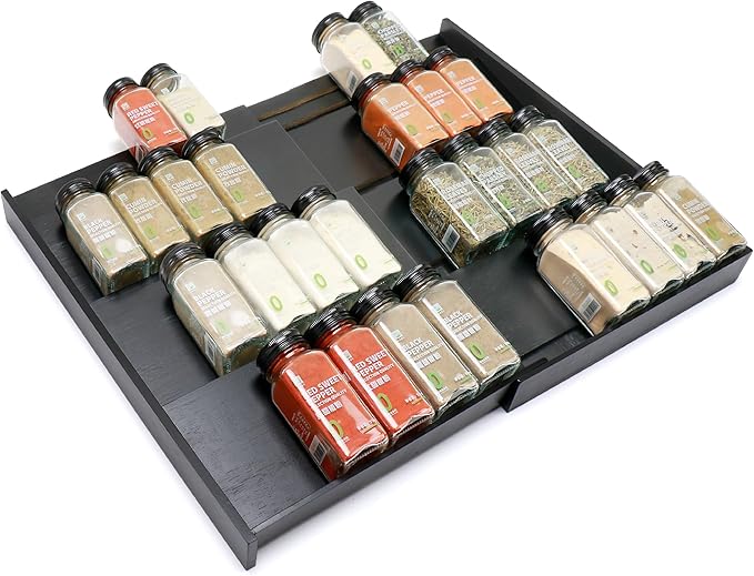 Bamboo Spice Drawer Organizer, (Need 3.1” Deep Drawer) Expandable 4 Tier Spice Rack for Cabinet (From 12" to 23" Wide), Seasoning Storage Insert, Spice Organizer for Drawer,Jars Not Included