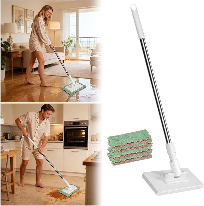 Mops for Floor Cleaning with 8/16 Pcs Microfiber Rags, 2026 Mop with Pressure Clamping System, Reusable Automatic Clamping Cloth, Mini Lazy Floor Mop for Office, Home Use (White,8 Rags)