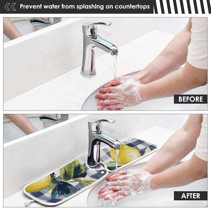 Sink Faucet Absorbing Mat Kitchen Sink Splash Guard Splash Faucet Drip Catcher for Bar RV Bathroom 2PCS 30x5.5in Blue and White Gingham Summer Lemons