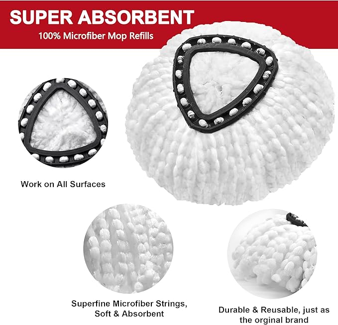 Tidy Monster 12 Pack Reusable Microfiber Mop Head Refill for Standard Universal Spin Mop, Anti-abrasive, No Scratch, Round Shape, Standard Size, White, Sealed Hard Floors