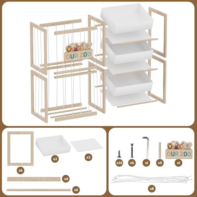 Wooden Toy Storage Organizer with Elastic Bands, Easy to Assemble and Use, Large Capacity Toy Bin Organizer for Nursery Playroom Bedroom, Adorable and Practical Design