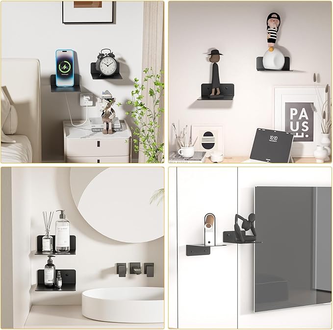 Wisfame Small Floating Shelves for Wall, 5 Inch Metal Wall Shelves - Adhesive Installation, Display Ledges Set of 2, Perfect for Echo, Cameras, Mini Decor, Funkos, Figurines (Black)