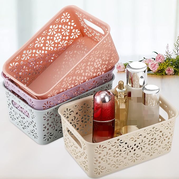Frcctre 8 Pack Plastic Storage Baskets, Portable Small Pantry Organizer BasketS Bins with Handle, Stackable Household Organizers Nursery Basket for Home, Kitchen Cabinet Countertop Bedroom Bathroom
