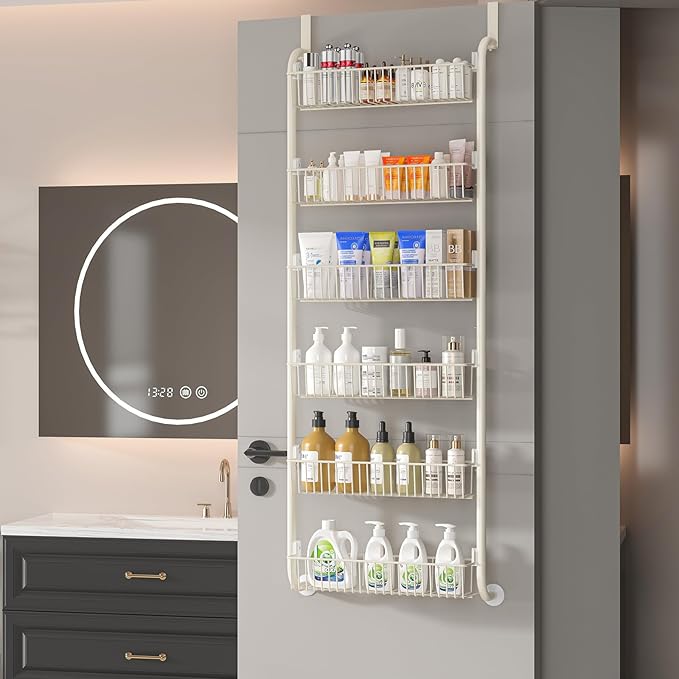 MIAOLI Over the Door Pantry Organizers and Storage, 6-Tier Spice Rack, Home & Kitchen Storage Shelves for Cabinet, Large Capacity Hanging Seasoning Organizer, Laundry Room Organization, White