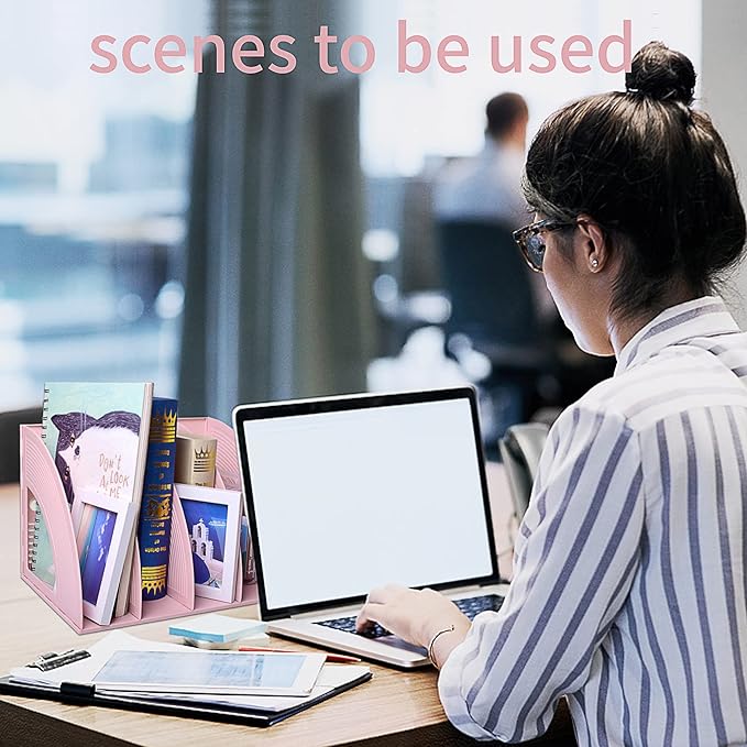 SAYEEC Sturdy Magazine Holder 4 Compartments Plastic Desktop File Organizer File Dividers Office Organizer Storage Document Magaizne Rack Display Box (Pink)