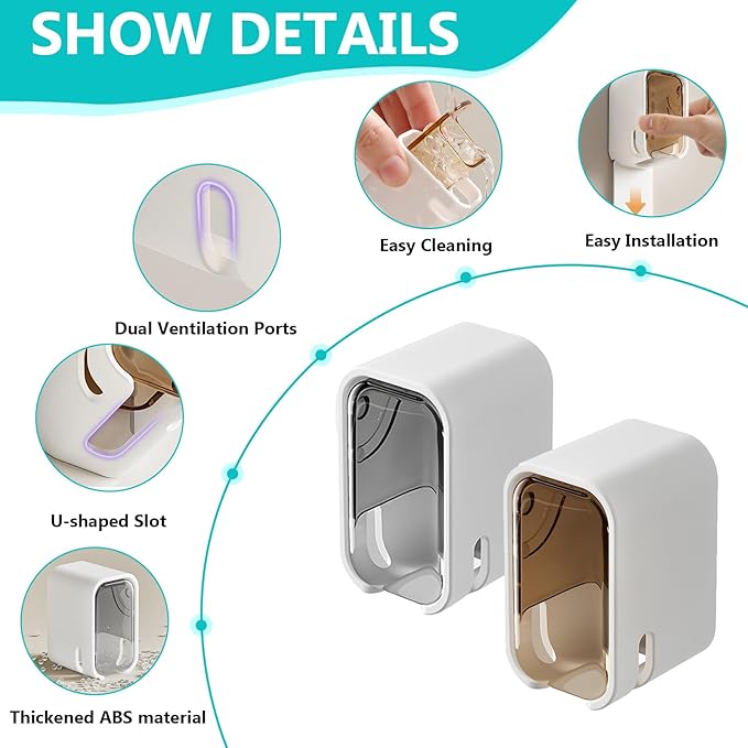 3 Pack Toothbrush Holders for Bathroom, Self Adhesive Wall Mounted Toothbrush Holder with Cover, Single Toothbrush Dispenser Storage Organizer for Family, Travel, Waterproof and Dustproof (Grey)