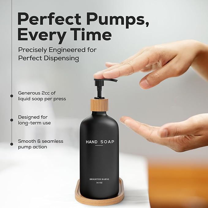 Black Glass Hand Soap Dispenser Bathroom Set by Brighter Barns - Bathroom Soap Dispenser Set with Tray - Glass Pump Bottle - Luxury Bathroom Accessories for Hotel, Vacation Rental, Restaurants (Black)
