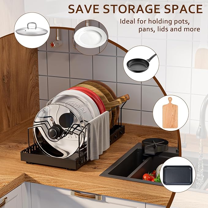 Pots and Pans Organizer Under Cabinet, Pull-out Pots and Pans Organizer, Under Cabinet Pot Lid Holder, Sliding type Pots and Pans Storage with 10 Adjustable Dividers & Handle Bracket - Black