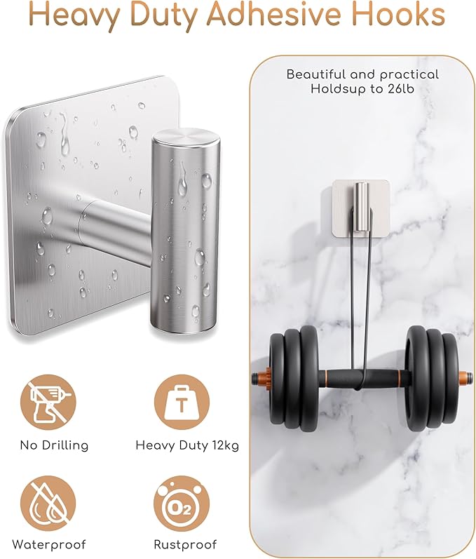 4 Pack Large Heavy Duty Wall Hooks - 26lb Max, Stainless Steel Adhesive Towel Hook, Shower Hooks for Hanging Towel, Coat, Robe, Wall Hook for Use in Bathroom, Kitchen and Door
