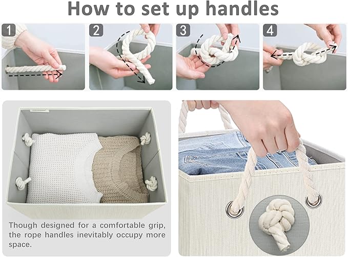 StorageWorks Storage Bins with Lids, Decorative Storage Boxes with Soft Rope Handles, Foldable Stackable Storage Baskets for Closet, Shelves, 3-Pack, Ivory and White, Jumbo