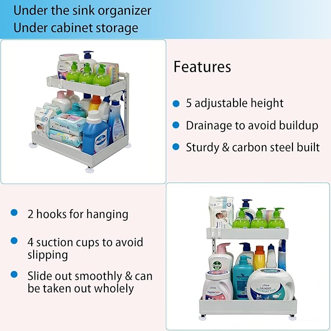 Under Sink Organizer, Bathroom Counter Organizer, 2 Pack 2 Tier L-Shape White, Adjustable Height Carbon Steel, Under Cabinet Storage with Pull Out Drawer, Use for Kitchen Bathroom Office Shop Laundry