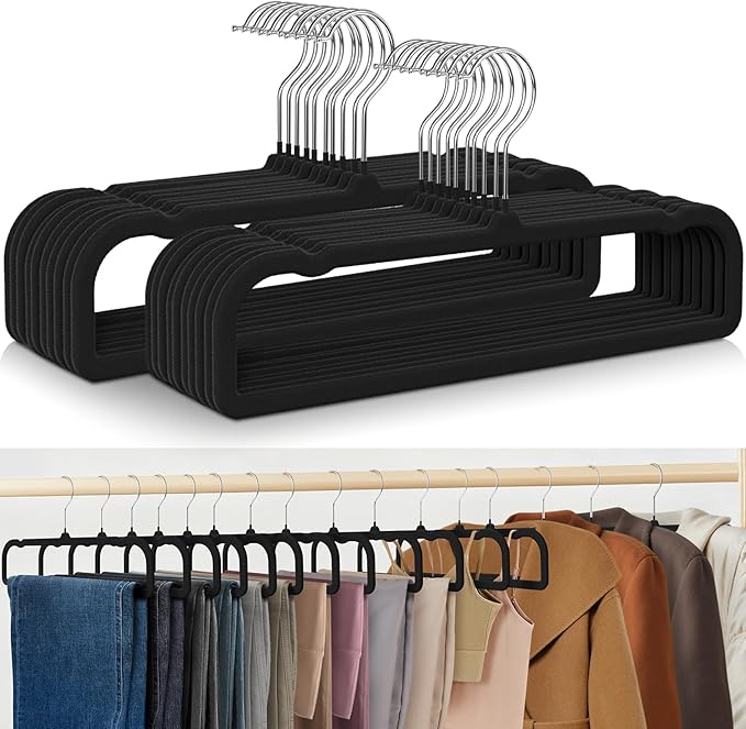 30 Pack Black Velvet Hangers Non Slip, Felt Pants Hangers Thin Space Saving Clothes Hanger Flocked Strong Durable Ganchos para Colgar Ropa with 360°Swivel Hook for Pants Jeans Shorts Skirts Tank Top