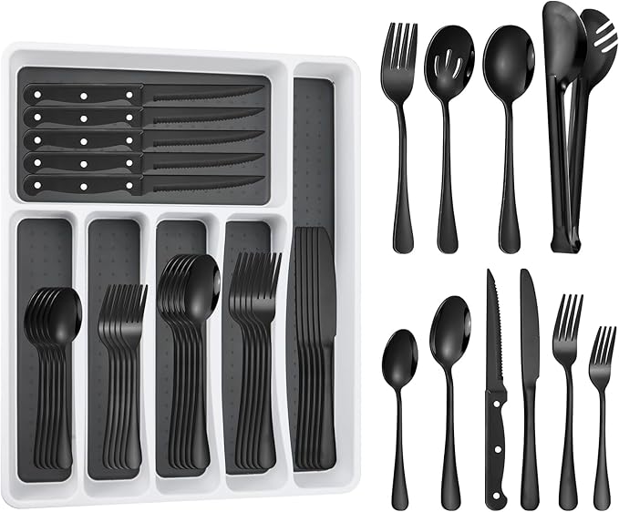 53PCS Silverware Set for 8 with Flatware Drawer Organizer, Stainless Steel Cutlery Set with Steak Knives, Include Spoons and Forks Set & Serving Utensils, Mirror Polished, Black