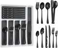 53PCS Silverware Set for 8 with Flatware Drawer Organizer, Stainless Steel Cutlery Set with Steak Knives, Include Spoons and Forks Set & Serving Utensils, Mirror Polished, Black