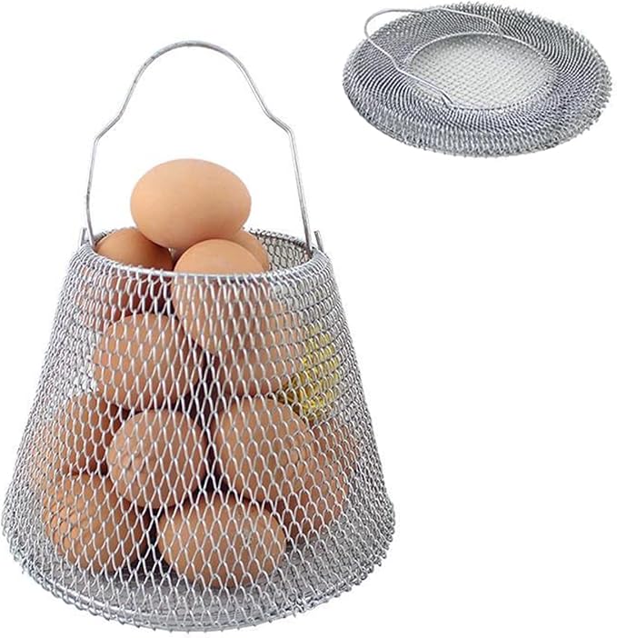 Collapsible Round Egg Basket - Metal Wire Storage with Handles, Perfect for Hanging & Family Farm Gathering - Golden Basket for Chicken Farm, Holds 20-25 eggs