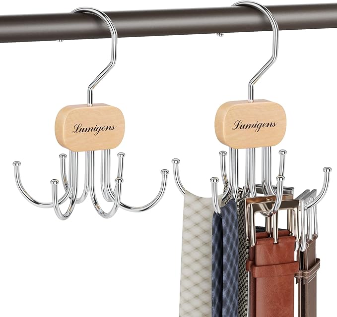 Belt Hanger, Belt Organizer for Closet,Rotatable Tie Rack,Belt Holder,Hanging Closet Organizer Hook for Belt, Bra, Tank Top, Tie, Scarf, Purse,3PCS,Natural