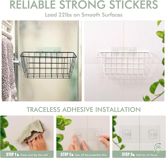 Wire Hanging Wall Basket, 2 White Baskets Set Adhesive Wall Mount Organizer for Pantry Kitchen RV Bathroom Cabinet Storage Organization