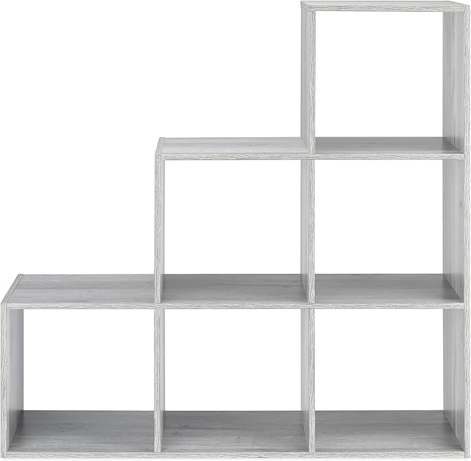 Whitmor 6 Cubes Bookshelf, Freestanding 6 Cube Stepped Etagere Bookcase, L Shaped Ladder Corner Open Bookshelf, Wood Storage Display Shelf for Living Room Home Office, 11.7"L x 35.6"W x 35.6"H, Gray