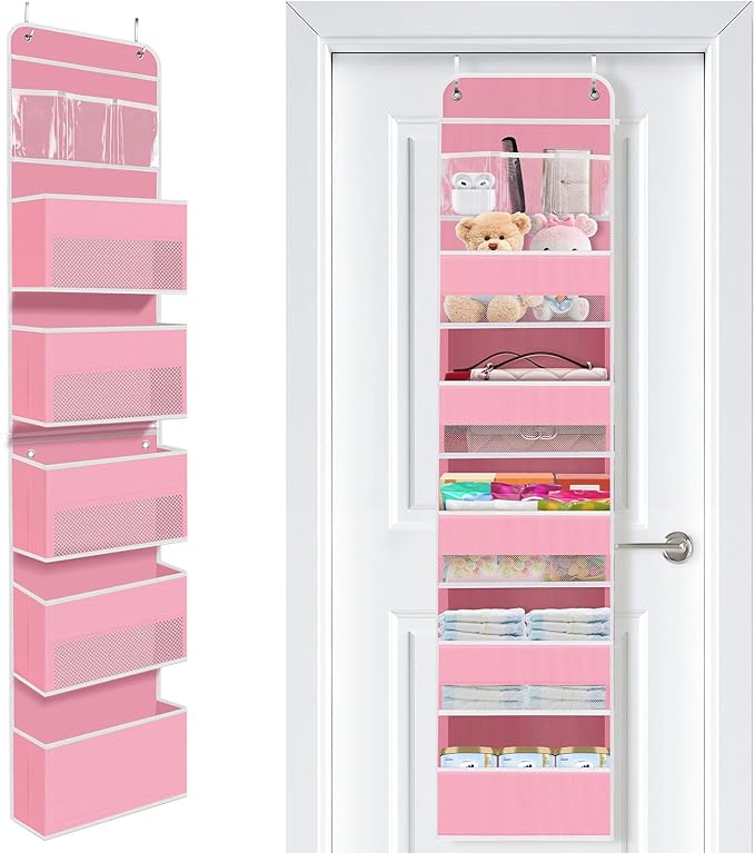 SpaceWhisper Over the Door Organizer, 6 Large Pocket Hanging Storage Organizer with 40lb Capacity, Space Saving for Nursery, Bathroom, Bedroom, Closet - Baby Essentials & Toiletry Organizer (Pink)