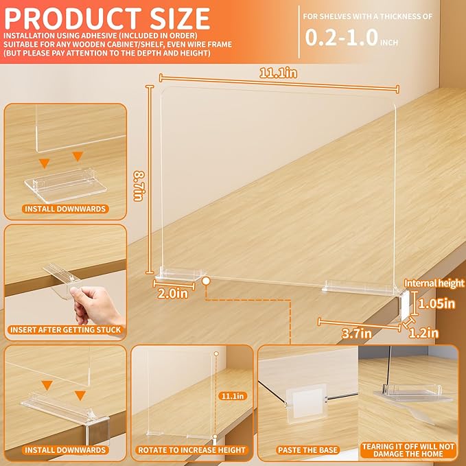 Yieach Adjustable Height Clear Shelf Dividers,10 Pack Acrylic Closet Shelf Dividers for Organization,11.1 Inch Tall Vertical Plastic Shelf Separators for Towel,Sweater,Towel Organizers and Bookshelf