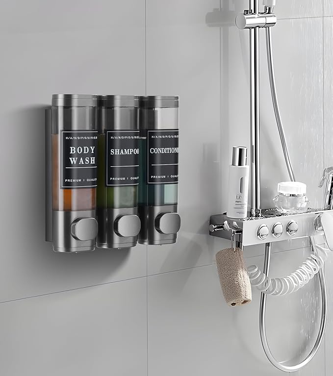 Shower Soap Dispenser Wall Mounted No Drill Shampoo Dispenser for Shower Wall Shampoo and Conditioner Dispenser Bathroom Hotel 3 * 300ml Gungray with Labels