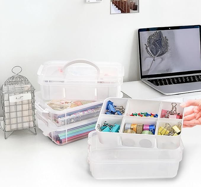 Foraineam 4-Tier Clear Storage Bins With 2 Divided Trays, Stackable Carry Storage Box Container, Plastic Lidded Organizer Case With Handle for Beads, Tools, Arts & Crafts, Sewing, Office Supplies