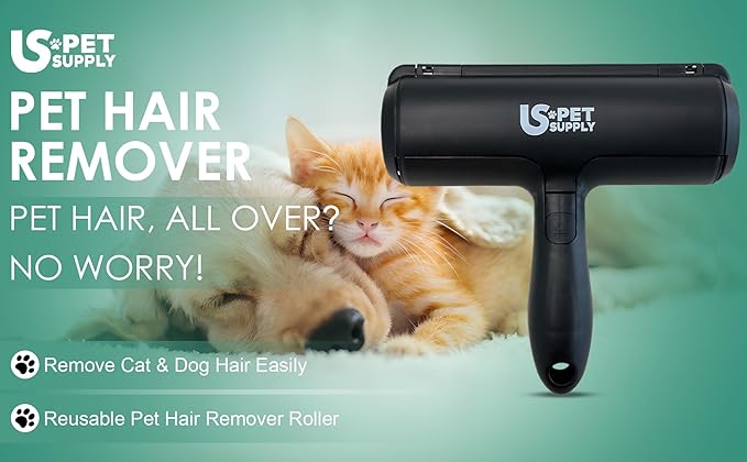 US PET SUPPLY Pet Hair Remover Roller-Reusable, Self Cleaning Lint Roller for Pet Hair Removal on Furniture, Carpets, Clothes & Car Seats-Dog & Cat Hair Remover No Sticky Tapes (Black)