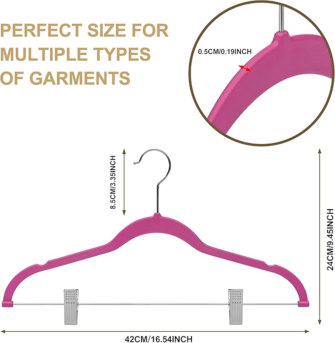 80 Pack Pink Quality Plastic Non Velvet Non-Flocked Thin Compact Coat Hangers with Metal Clips for Skirts Pants Blouses 360° Swivel Hook