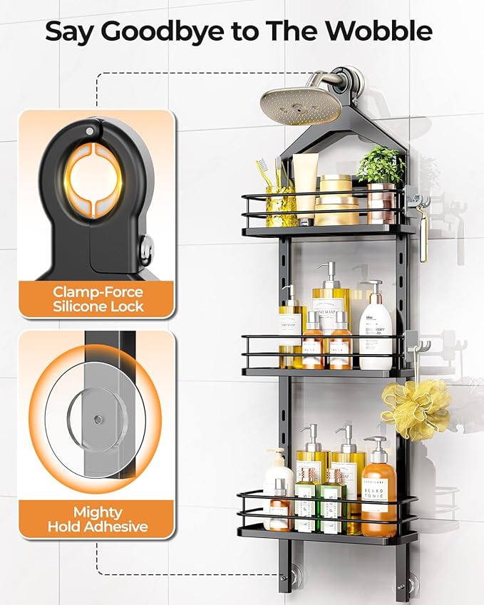 ODesign 3 Tier Height-Adjustable Shower Caddy Hanging Hanger Anti-Swing-Over The Shower Head Caddy-Shower Storage Organizer Bathroom Shelves Basket Shower Caddies-Black,11.9" x 4.84" x 36.2"