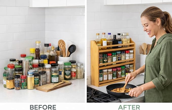 Bamboo Spice Rack Organizer – 3 Tier Countertop or Wall Mounted – Solid Natural Bamboo – Kitchen Spice Shelf Storage – Space Saving Organizer