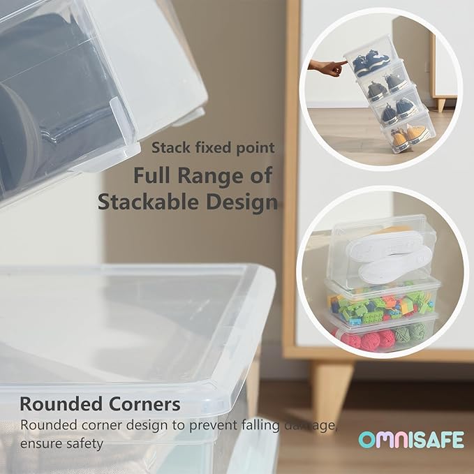 6 Quart Stackable Plastic Storage Shoebox, BPA-Free Nestable Container with Latching Lid to Organize, See-Through Box for Home and Office, Multi-Purpose Clear Bins (Transparent, 12 Pack)