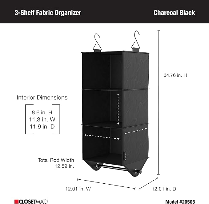 ClosetMaid 3-Shelf Fabric Hanging Closet Organizer with Garment Rod for Shirts, Sweaters, Pants, Hats, Shoes, Purses with Charcoal Black Finish