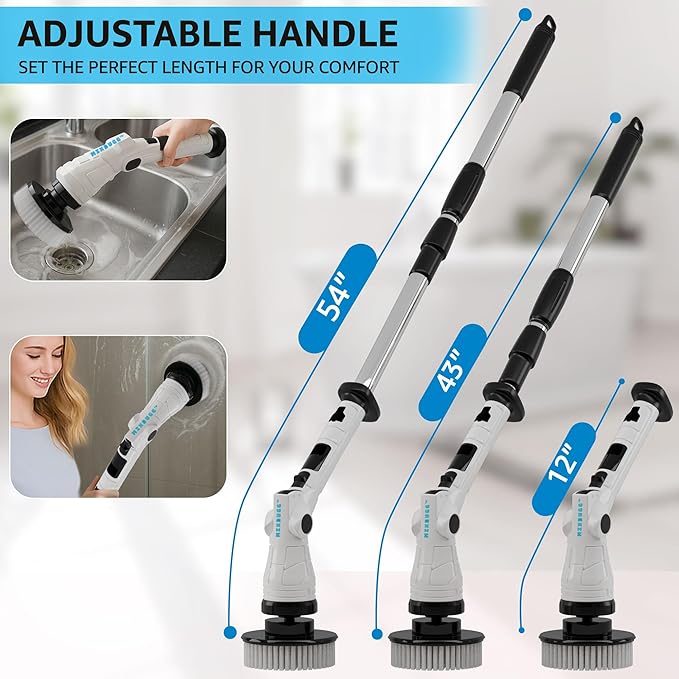 Mixbugg Electric Spin Scrubber – Cordless Power Cleaner with 8 Brush Heads, Long Adjustable Handle, 3 Speed for Deep Bathroom, Tile, Floor & Tub Cleaning, 6-Angle Adjustable