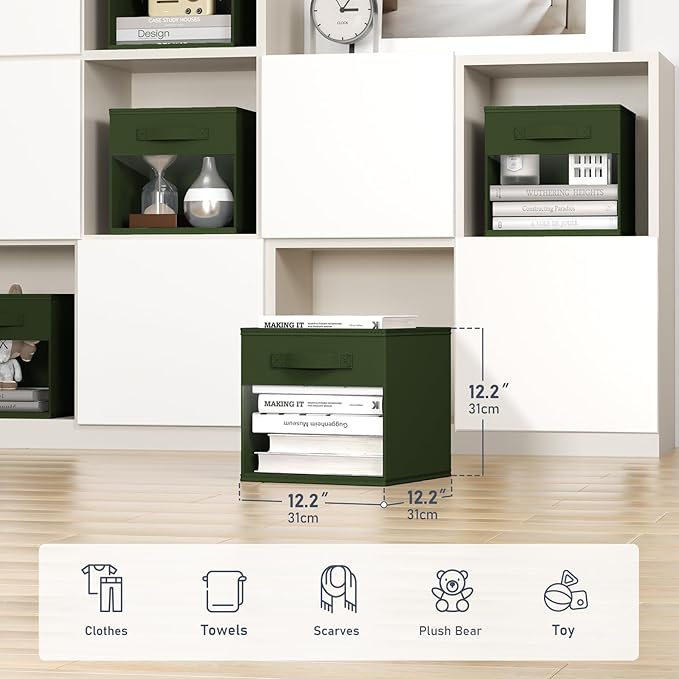 DIMJ Cube Bins, 12.2-Inch Storage Bins Cubes with Window, 6 Packs Collapsible Storage Bins with Handles, Closet Storage Baskets for Organizing Living Room, Office, 6 Pack,Green