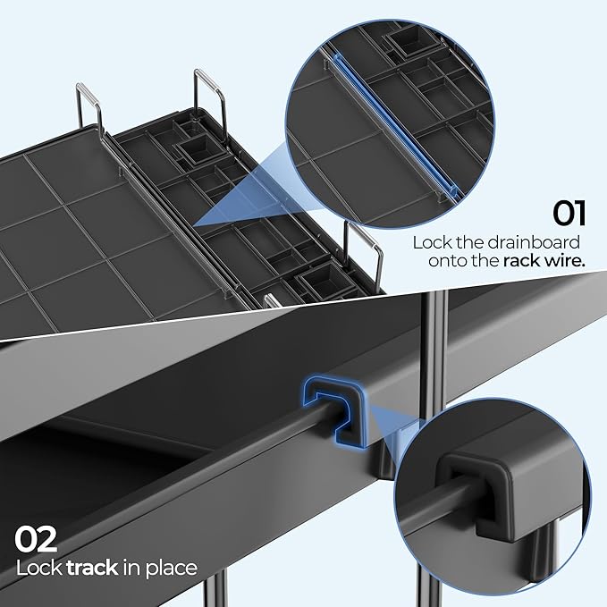 Large Dish Drying Rack, Expandable Dish Rack for Kitchen Counter, Dish Drainer with Drainboard Set, Multifunctional Dishrack with Utensil Holder & Cup Holder, 13.4"-28.7" L x 11.8" W, Black