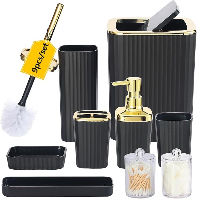 Black Bathroom Accessories Set,9 Piece Black Bathroom Accessory Set with Toothbrush Holder, Trash Can, Lotion Soap Dispenser, Toothbrush Cup, Vanity Tray, Soap Dish, Toilet Brush, Qtip Holder