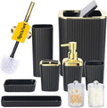 Black Bathroom Accessories Set,9 Piece Black Bathroom Accessory Set with Toothbrush Holder, Trash Can, Lotion Soap Dispenser, Toothbrush Cup, Vanity Tray, Soap Dish, Toilet Brush, Qtip Holder