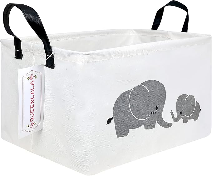 QUEENLALA Rectangular Laundry Hamper/Foldable Nursery Laundry Basket for Organizing/Storage Bin Baskets/Children Toy Office Bedroom/Toy Bin Closet Shelf Baskets（Rec-Parent-child elephant）