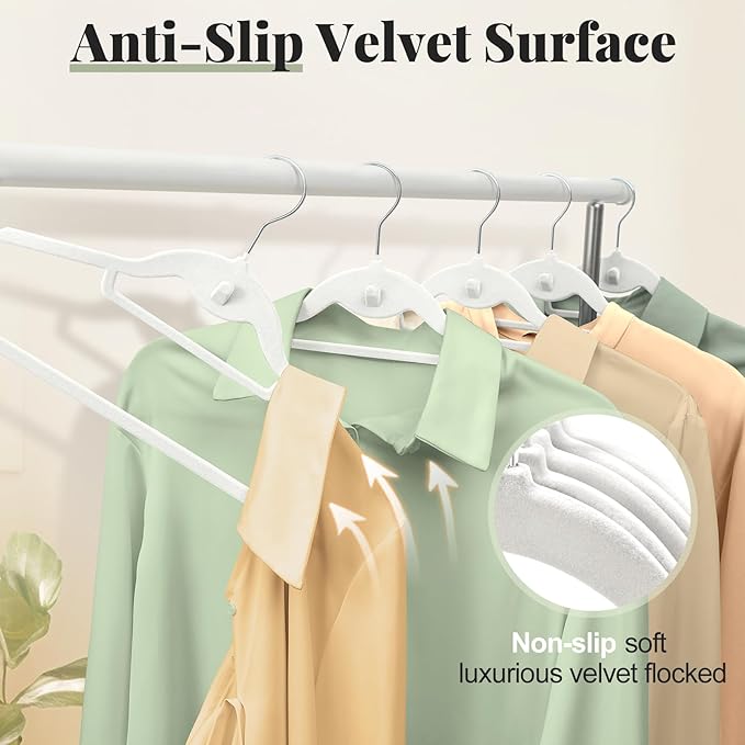 Velvet Hangers 50 Pack, S-Shaped and Stackable Non Slip with 360°Swivel Hook, Ultra Thin and Space Saving Flocked, for Suits, Shirts, Coats, 15Lbs Capacity Heavy Duty, White
