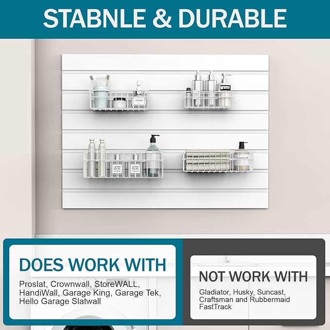 4 Pack Large Slatwall Baskets Set, Ventilated Metal Hanging Storage Slat Wall Basket, Mounted Slatwall Accessories for Garage Storage Organizing Display on Slatwall Panels bins (White)