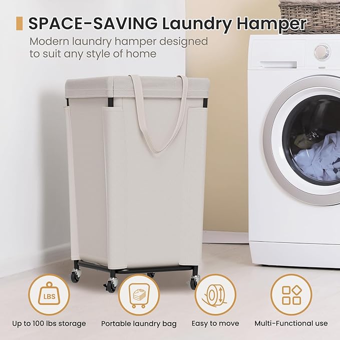 Laundry Basket with Wheels, Laundry Hamper with Removable Bag and Steel Frame, 160L Rolling Dirty Clothes Basket for Bedroom, Bathroom, Laundry Room (Beige)