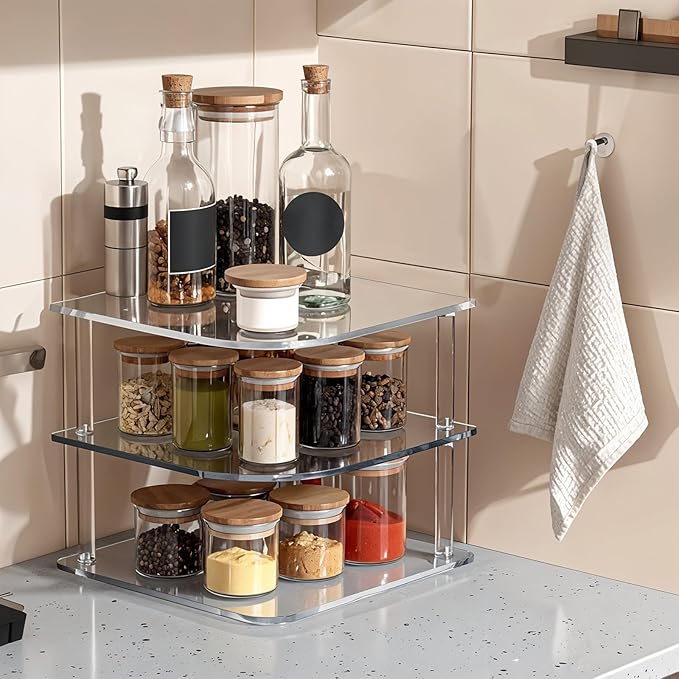 1 Pc Plate Organizer for Cabinet Space Saver - Clear Acrylic Corner Shelf for Dishes, Bowls - 3-Tier Kitchen Cabinet Plate Organization, Dinner Plates Holder, and Small Shelf for Bathroom Storage