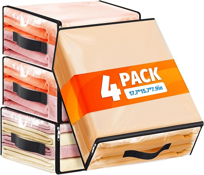 SpaceWhisper 4 Pack Clear Storage Bags, Plastic Blanket Storage Bags with Zipper and Handle, Moving Bags for Comforter, Bedding & Clothes, Closet Organizer and Under Bed Storage (17.7x15.7x7.9 Inch)