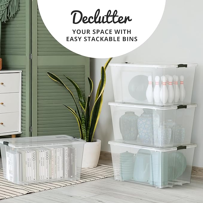 Lifetime Appliance Parts 4 PACK 75 Qt. Plastic Storage Bin Tote Organizing Container with Ultra Durable Lid & Secure Latching Buckles Stackable Extra Strength Clear w/Black Handle
