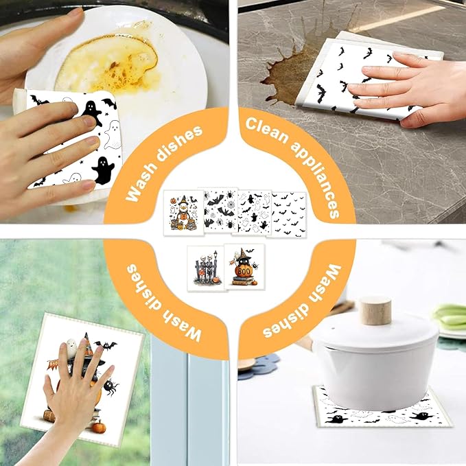 6 Pack Swedish Dishcloths for Kitchen - Reusable Dish Paper Towels Wash Cloths Washable,Absorbent Cellulose Cleaning Sponge Cloth Wipes, Decorative Tea Towels,No Odor Biodegradable(Halloween)