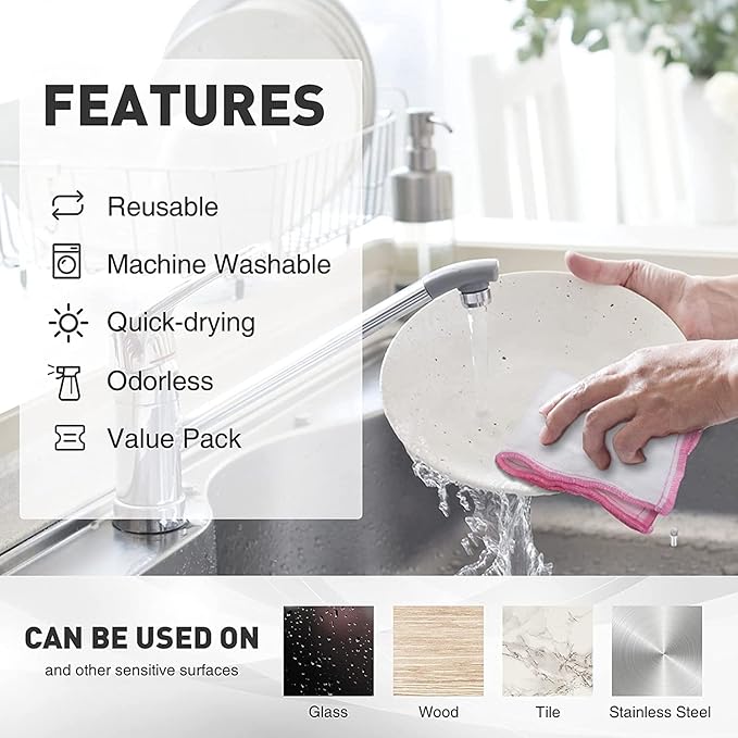 OnBrand Naturally Wood Fiber Cleaning Cloth, Microfiber Cleaning Cloths, 20 Pcs (12" x 10.7" Each), 8 Layers High-Density Super Absorbing Dish Cloths, Reusable General Kitchen Towel