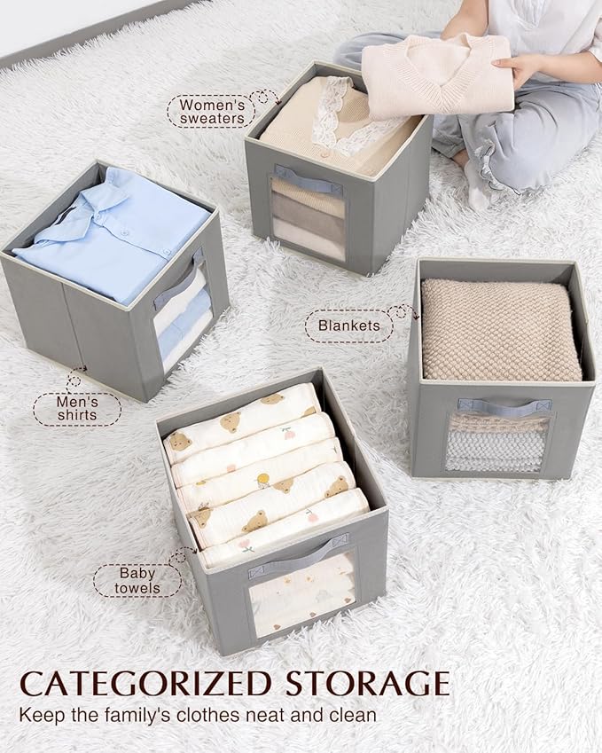 Foldable Storage Cubes - Cubby Storage Organizer with Window, Decorative Baskets for Organizing, Fabric Bins for Clothes Storage, Closet Storage Cubes 11inch, Set of 12, Grey