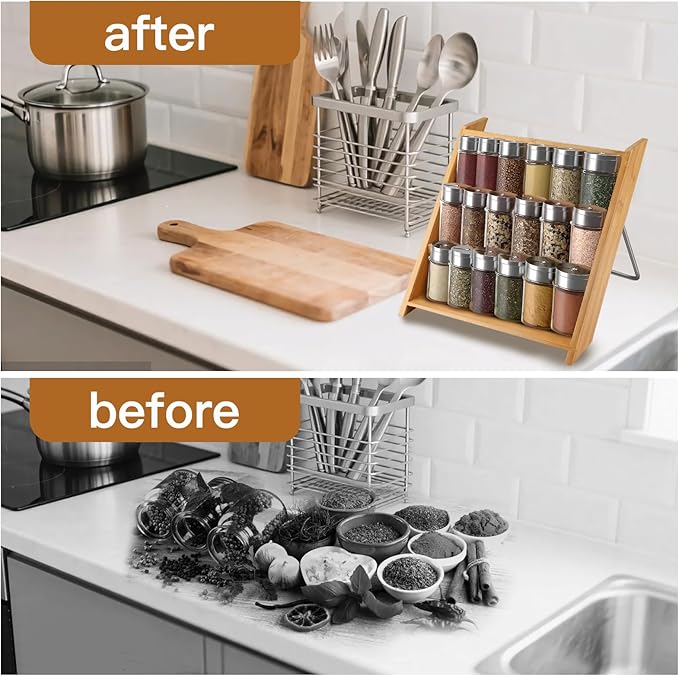 Bamboo Spice Rack Organizer for 18 Jars, 3-Tier Compact Wooden Spice Holder for Kitchen Countertop or Cabinet Drawer, Fits Standard 4oz Glass Jars, Sustainable Kitchen Storage (Rack Only)