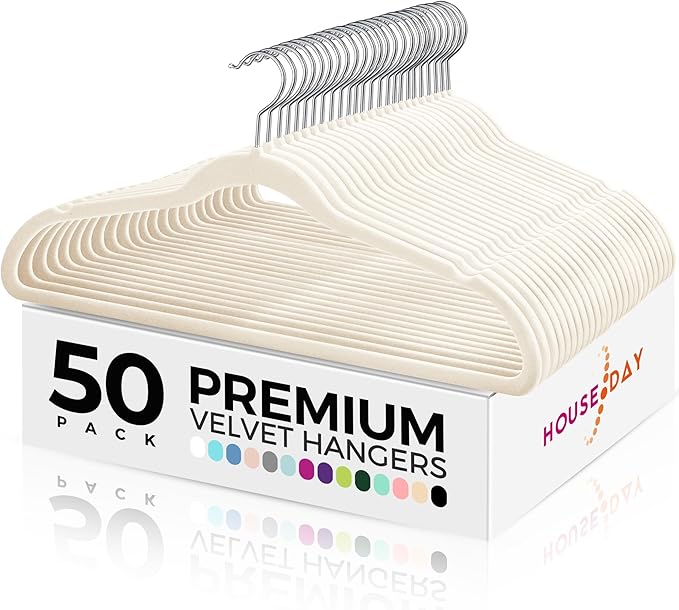 HOUSE DAY Premium Velvet Hangers 50 Pack Ivory, Non-Slip Flocked Felt Hangers, Sturdy Clothes Hanger with 360° Rotatable Hook, Heavy Duty Durable Slim Coat Hanger for Closet Space Saving